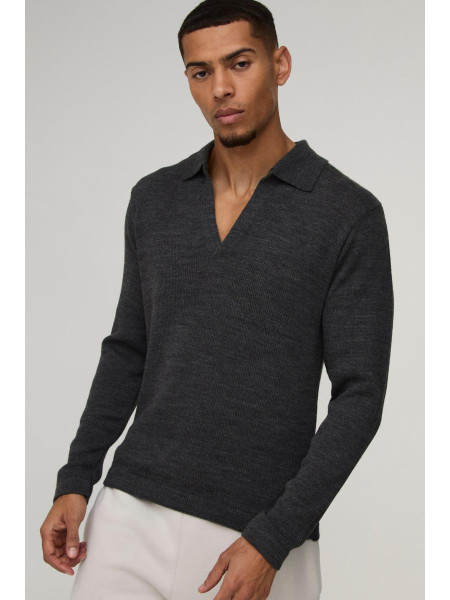 Трикотажне поло з довгими рукавами Regular Deep V Revere Collar