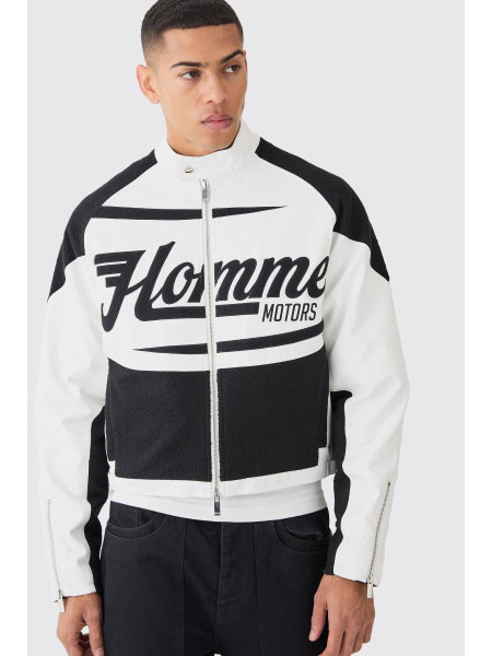 Boxy Pu Contastration Boucle Pane Moto Jacket