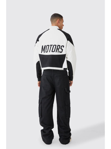Boxy Pu Contastration Boucle Pane Moto Jacket
