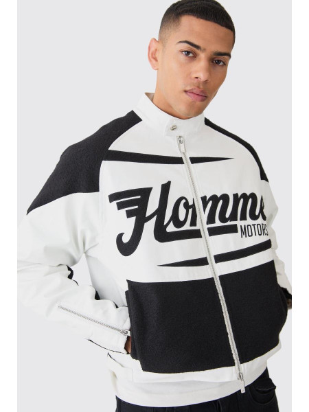 Boxy Pu Contastration Boucle Pane Moto Jacket