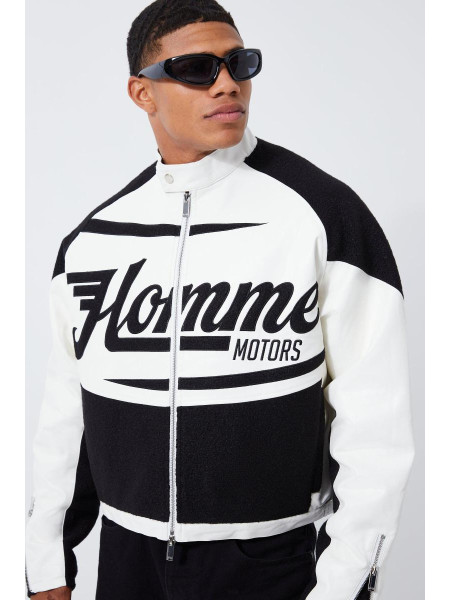 Boxy Pu Contastration Boucle Pane Moto Jacket