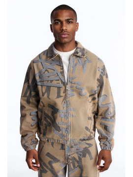 Денім-бомбер з принтом у стилі графіті