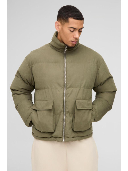 Куртка-пуховик кольору хакі зі штучної замші