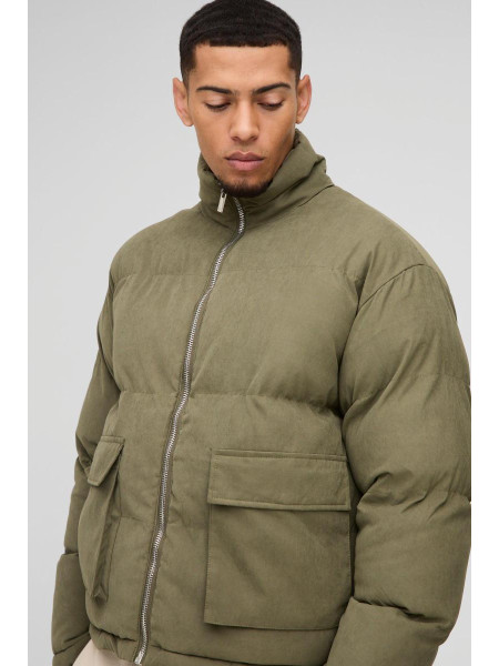 Куртка-пуховик кольору хакі зі штучної замші