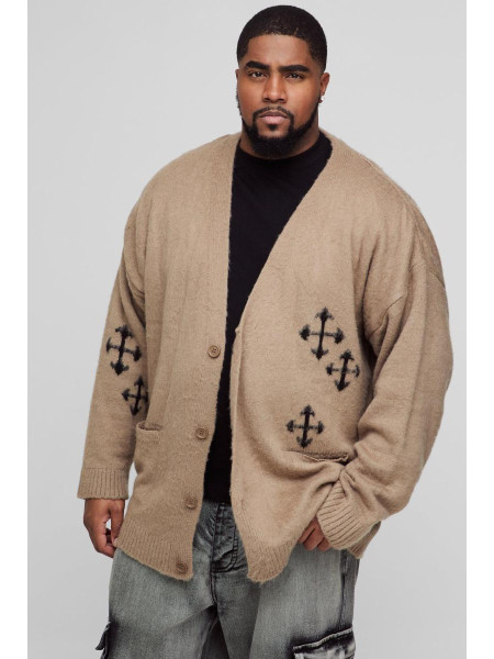 Плюс пухнастий в’язаний кардиган із готичною хрестовою аплікацією