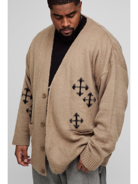 Плюс пухнастий в’язаний кардиган із готичною хрестовою аплікацією