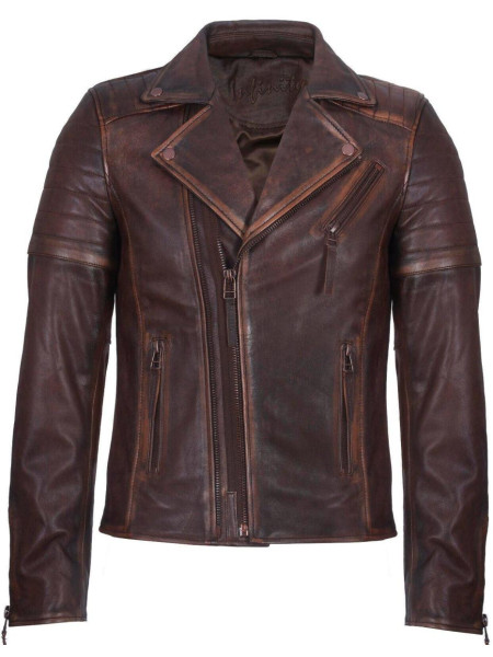 Slim Fit Brando Style Cross Zip Leather Biker Jacket