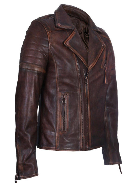 Slim Fit Brando Style Cross Zip Leather Biker Jacket
