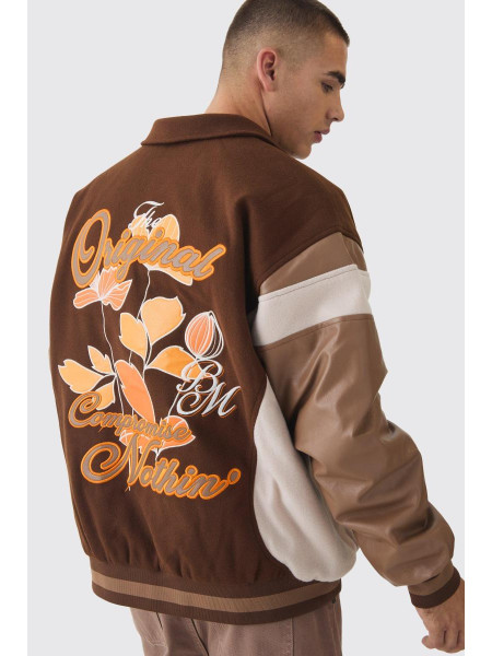 Велика коричнева університетська куртка з квітковим значком і коміром