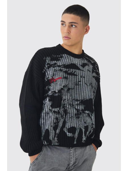 Розслаблений в’язаний джемпер із графічним принтом із спущеними плечима