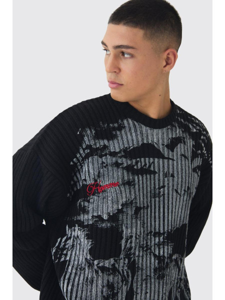 Розслаблений в’язаний джемпер із графічним принтом із спущеними плечима