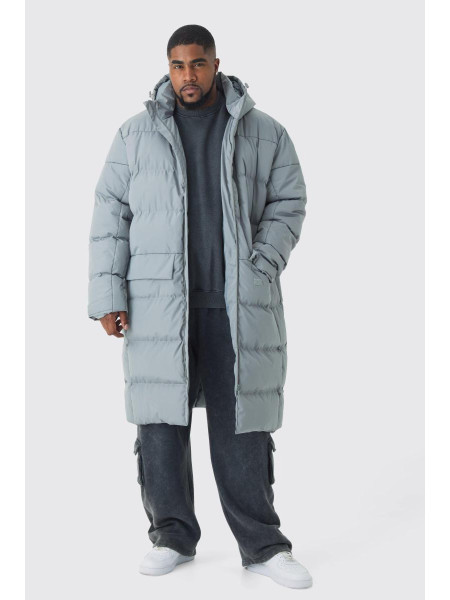 Плюс сіра куртка-пуховик середньої довжини з капюшоном