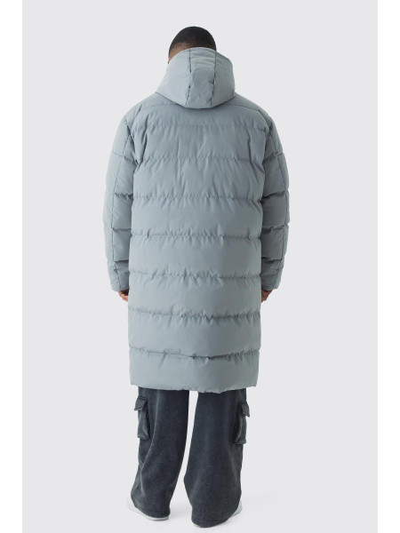 Плюс сіра куртка-пуховик середньої довжини з капюшоном