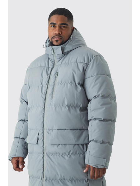 Плюс сіра куртка-пуховик середньої довжини з капюшоном