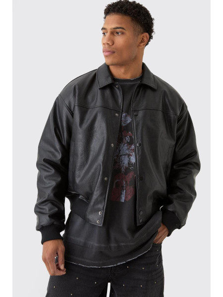 Чорний поліуретановий бомбер із тисненим коміром